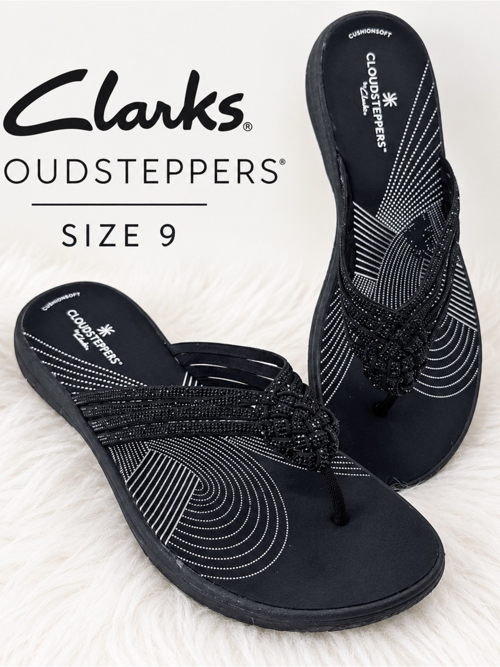 Clarks Breeze Gem Black Flip Flop Slides Size 9 Sparkly Studs vacation glitter
